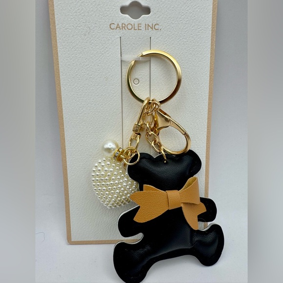 Brown and Tan Faux Leather Teddy Bear and Pearl Heart Keychain Bag Charm - Picture 2 of 7